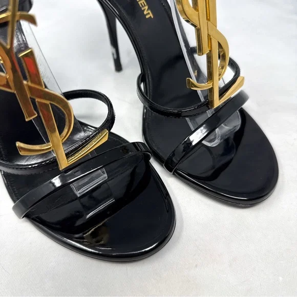 Saint Laurent YSL Cassandra Patent Leather Strappy Sandal Heels Black Gold 36.5 - Picture 6 of 16
